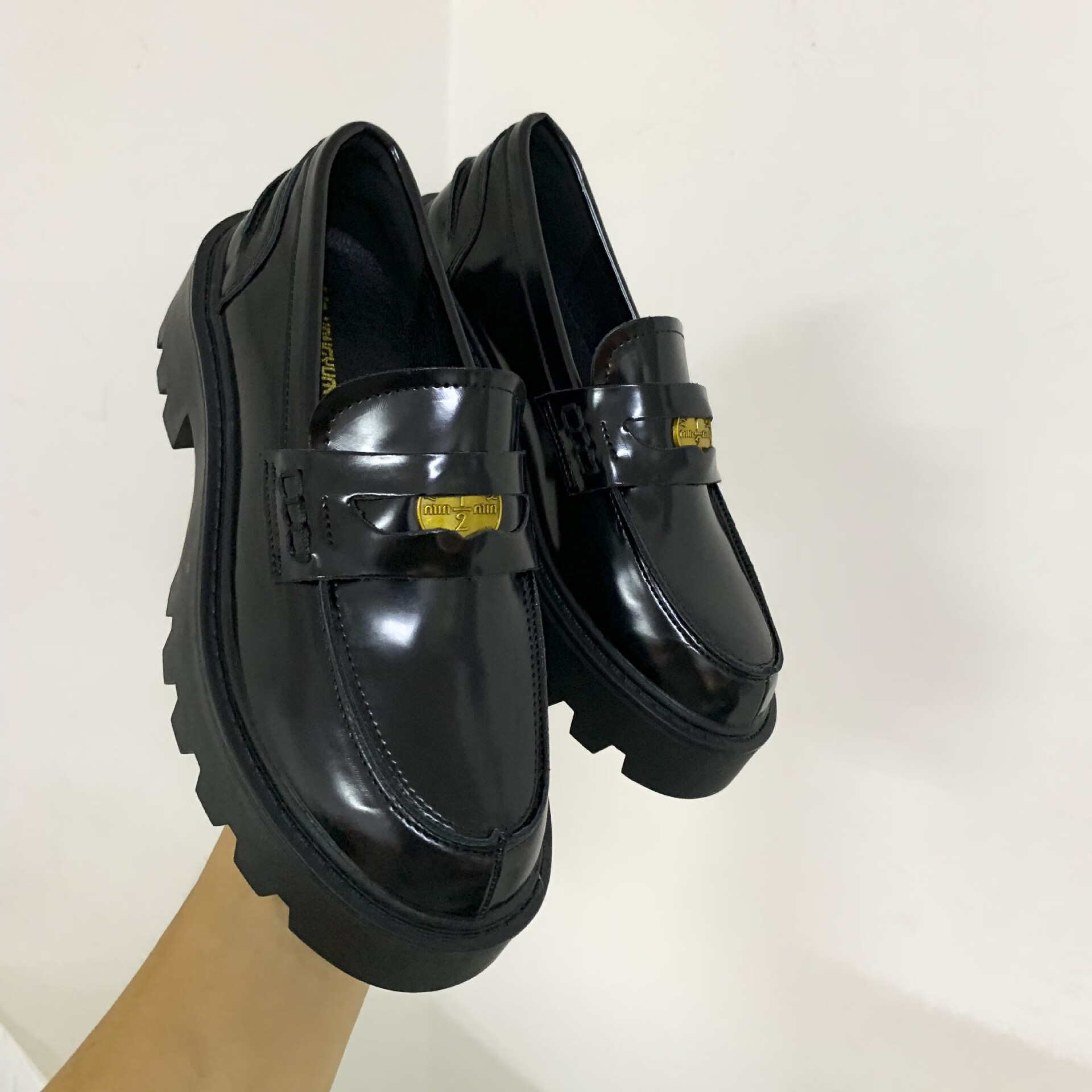 直供现货秒发葡萄妈同款小金币圆头皮鞋粗跟厚底单鞋一脚蹬乐 黑色 34