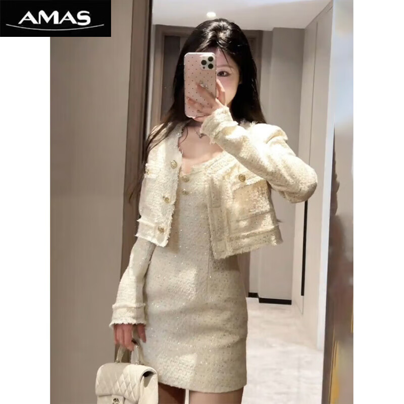 阿玛施amass哥弟适用白色小香风套装女秋季2025新款短款外套吊带短裙