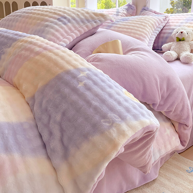 苏萱ins加厚兔毛绒四件套冬季双面加绒牛奶泡泡绒被套床单人床上用品4 紫韵爱心 1.8m 床笠款 四件套-被套200x230cm