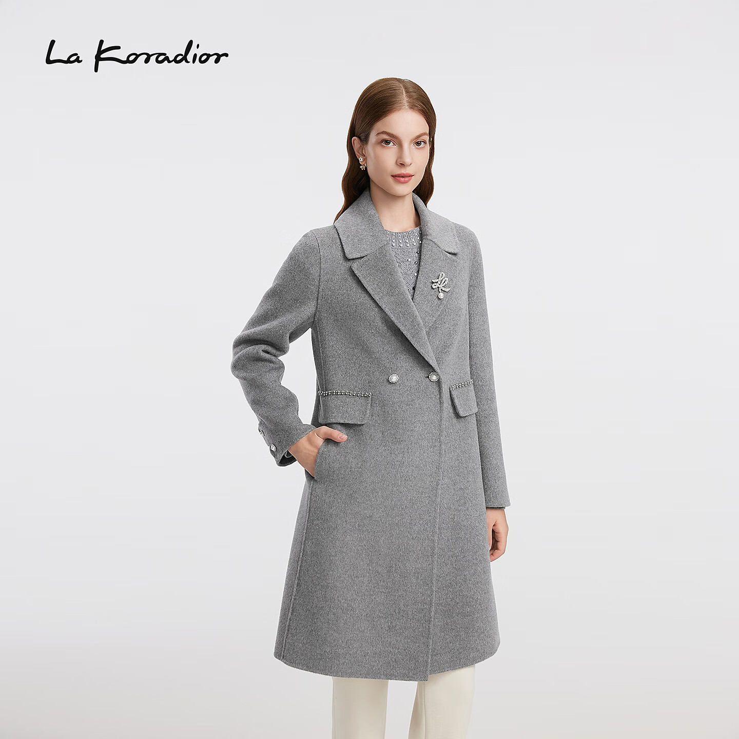 拉珂蒂（La Koradior）【羊毛】Lakoradior拉珂蒂减龄名媛女秋冬新款气质优雅毛呢大衣 淡灰色 M