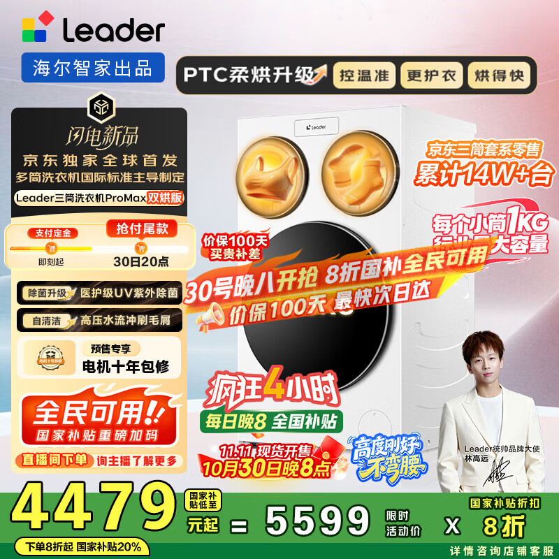 统帅(Leader)海尔【京东独家首发】懒人三筒洗衣机ProMax双烘版全自动12.5KGXQGL125-MHBLDE697WU1三桶国家补贴