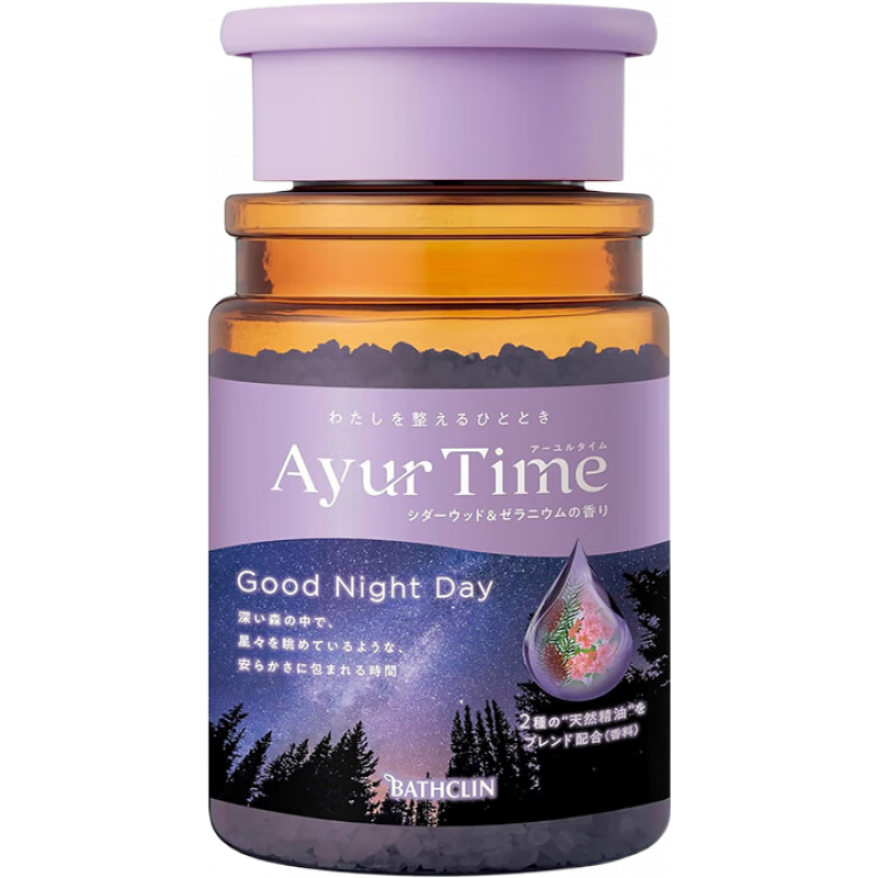 巴斯克林（BATHCLIN）【日本直邮】巴斯克林Ayur Time泡澡浴盐 精油海盐保湿入浴剂 雪松木天竺葵香520g