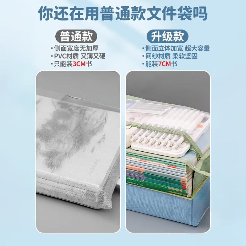 三年二班升级双层科目分类袋学科袋A4透明网纱文件袋拉链式大开口学生拎书袋试卷考试专用袋子作业袋补习袋 双层-牛油果绿（送分类标签+透明文件夹）