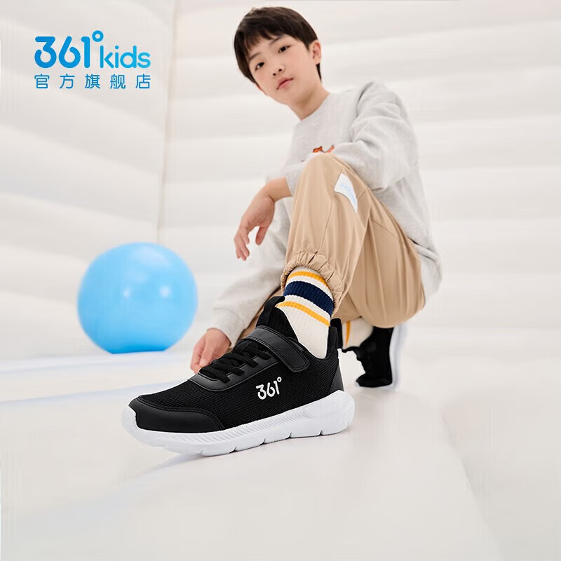 361°儿童运动鞋男童跑鞋秋冬密网轻便魔术贴女童皮革加绒保暖运动鞋 【四季密网】碳黑/银色 35