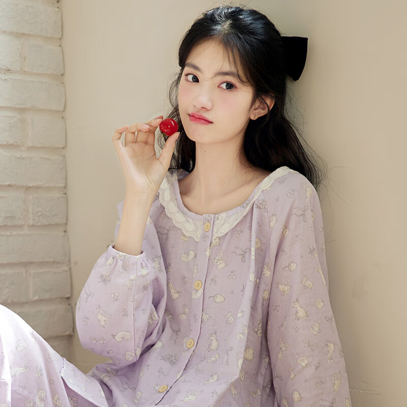 初寻睡衣女士纯棉纱布圆领蕾丝日系甜美女孩长袖卡通印花秋季家居服 紫色 S （建议85-98斤左右）