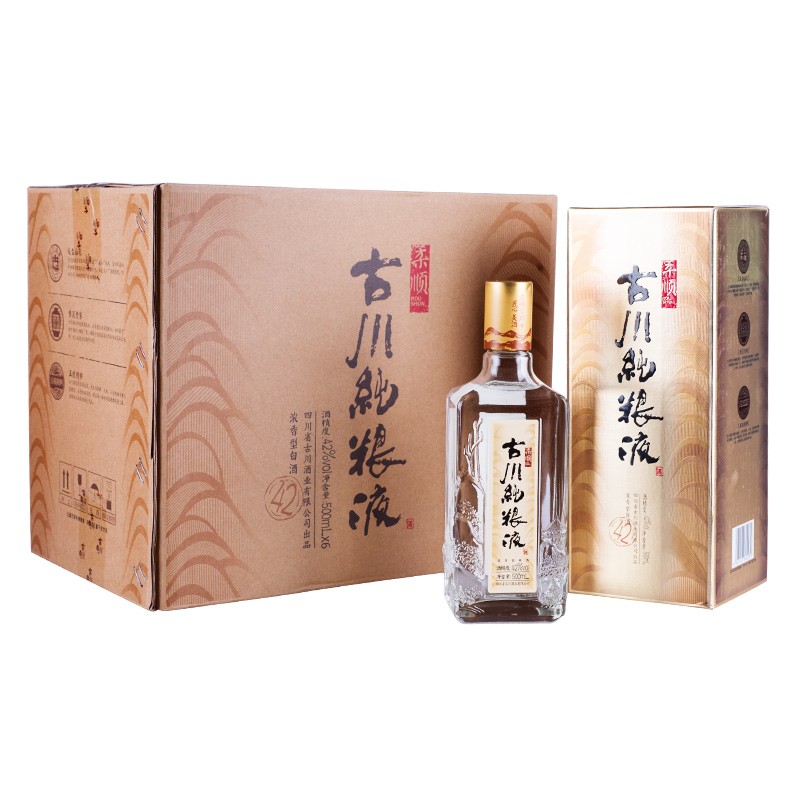 古川【川酒小金花 3个礼袋】古川纯粮液 柔顺42度 浓香型粮食白酒 500