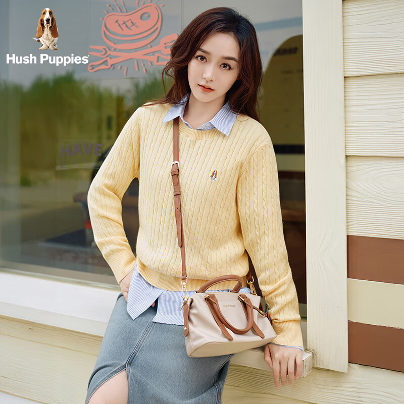 暇步士(Hush Puppies)【何泓姗明星同款】女装2025秋冬新款经典基础软糯含羊绒线衣 嫩鹅黄 S