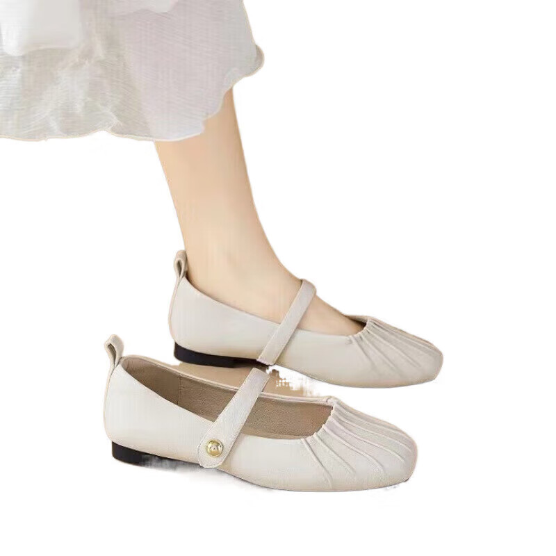 蜘蛛王單鞋女2025新款秋季淺口瑪麗珍小皮鞋配裙子涼鞋平底貝殼頭鞋 米白色 35