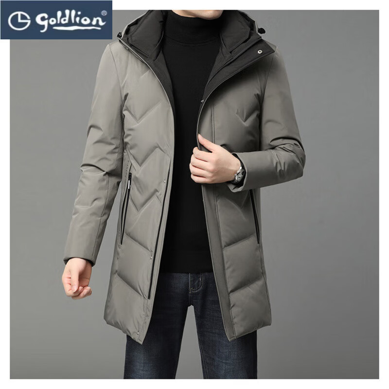 GOLDLION G+金利来冬季白鸭绒男士羽绒服中长款连帽防寒外套男秋冬季保暖加厚 虾青 4XL 195