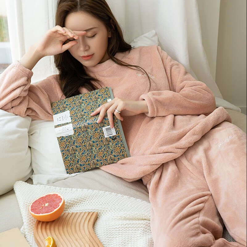 楠飞华裳 暖暖套装袖长裤大版珊瑚绒秋冬新款加厚保暖时尚家居服睡衣睡裤 初恋粉暖暖套装 均码 (80-145斤)