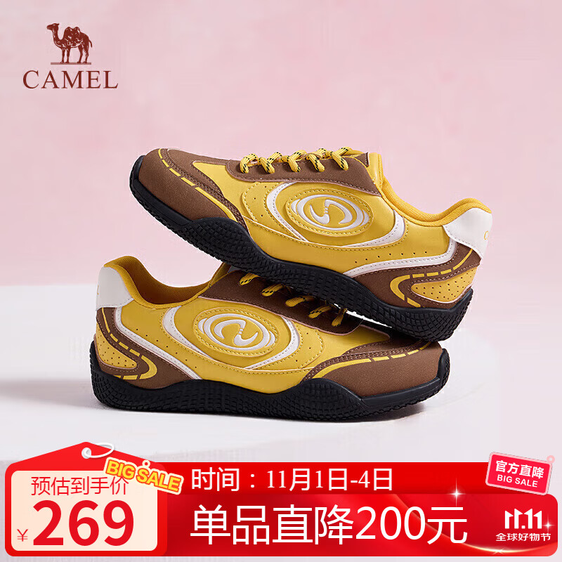 骆驼（CAMEL）月牙2.0德训鞋女多色拼接增高运动休闲鞋 L25S577059C 黄/棕 35