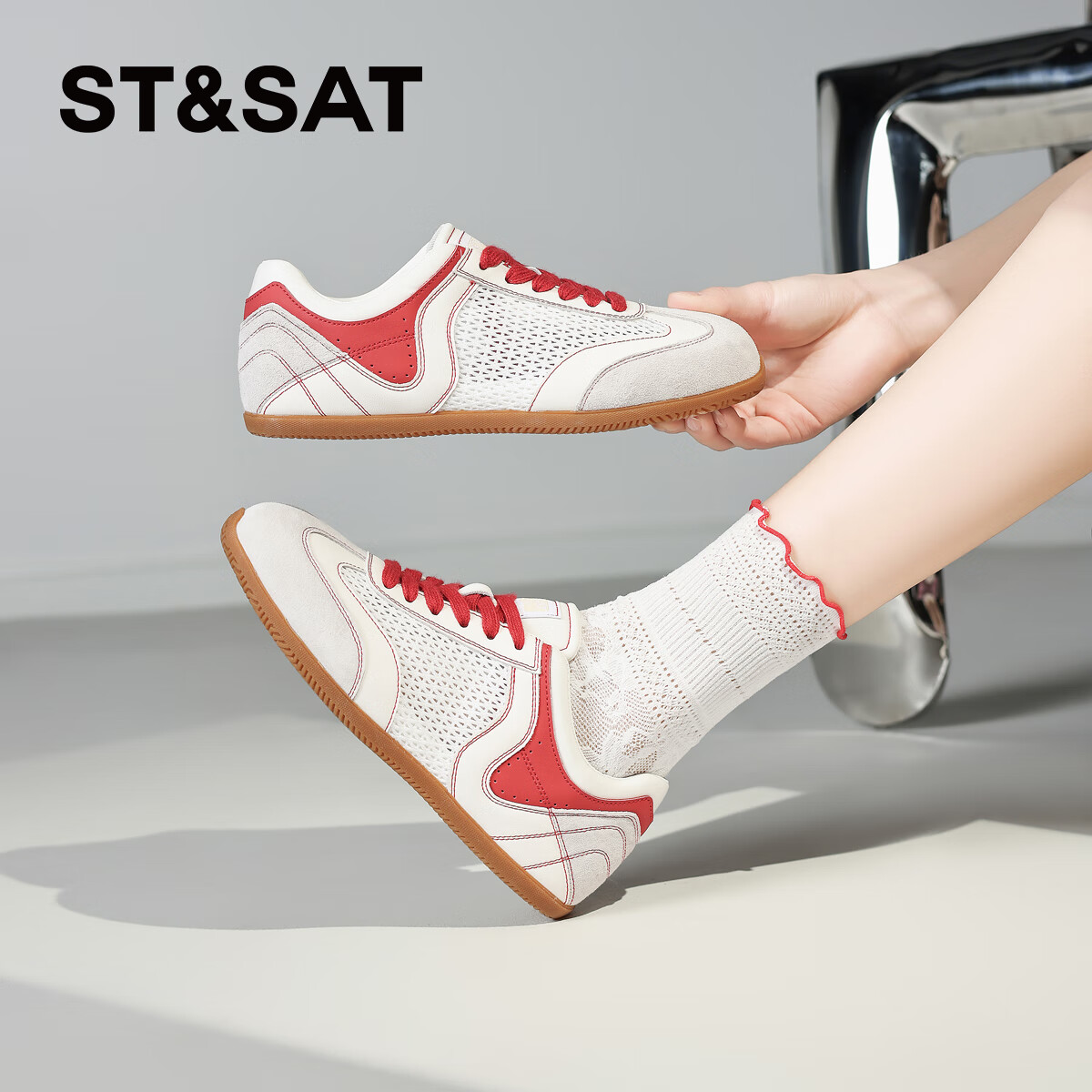 星期六(St&Sat)2025新款拼色德训鞋子轻奢复古增高跑步运动鞋休闲鞋板鞋子女鞋子 米红色 35