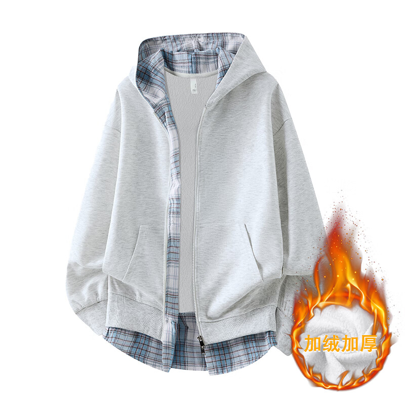 维路雅2025冬季加绒加厚外套男宽松百搭连帽卫衣男装上衣服男青少年 白花灰/加绒 XL