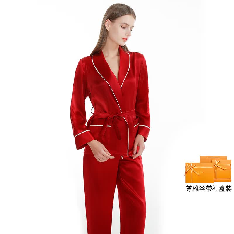 江南故事真丝睡衣女春夏长袖睡衣系带V领宽松桑蚕丝绸家居服套装生日礼物 红色 XL