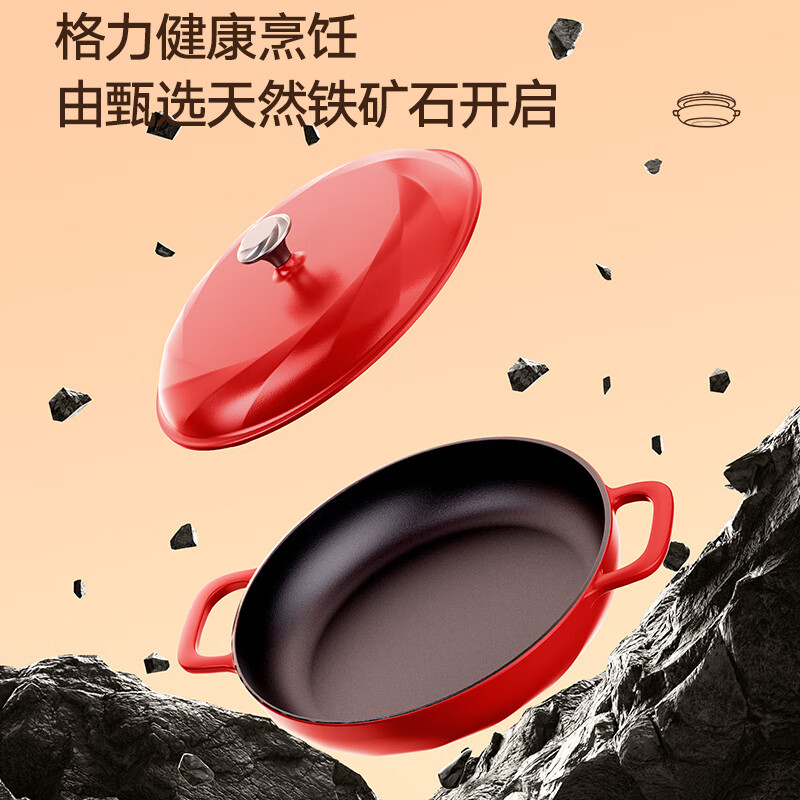 大松（TOSOT）【烹饪大师】铸铁珐琅海鲜锅煎炸炖煮焖烧微压双耳锅电磁燃气通用 红色30cm3L