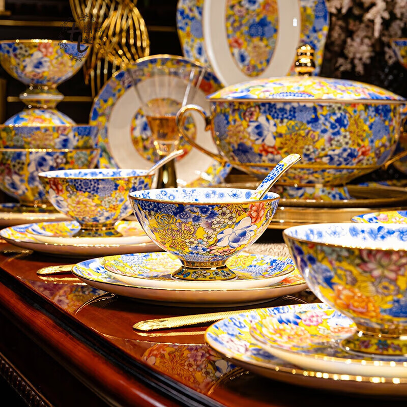 图鲤新款景德镇轻奢珐琅彩餐具宫廷风万花珐琅彩碗盘碟家用整套送礼 珐琅彩金地万花 70头
