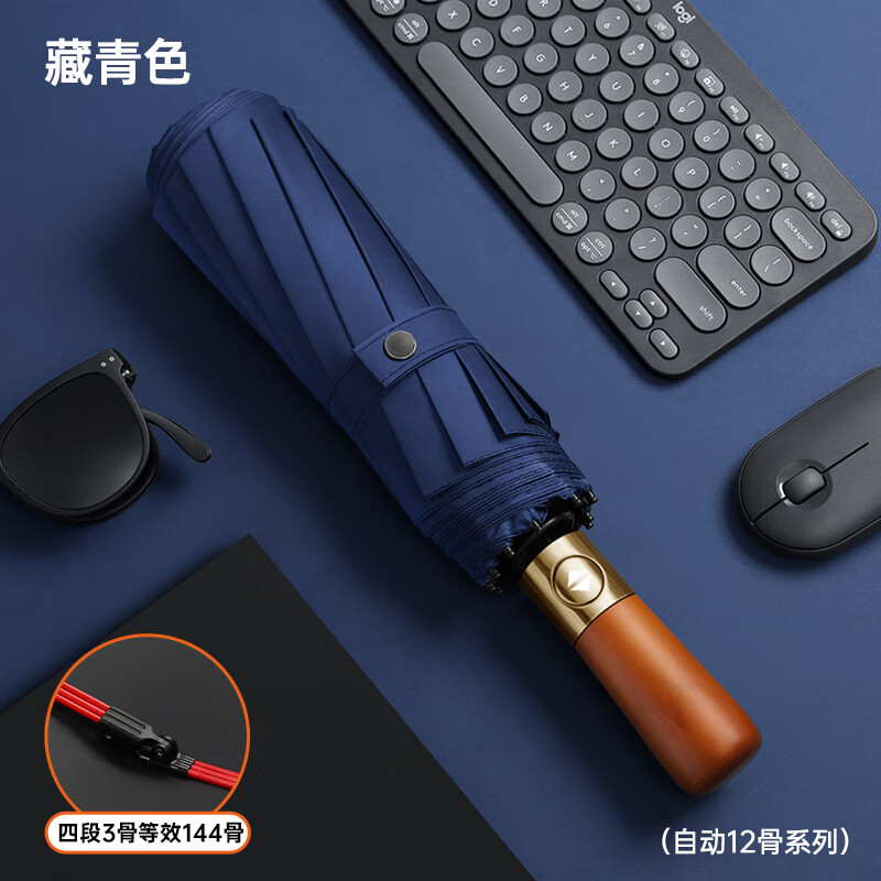 印象城实木柄全自动雨伞晴雨两用大号黑胶防晒伞三折抗风加固自动伞雨具 绅士-藏青