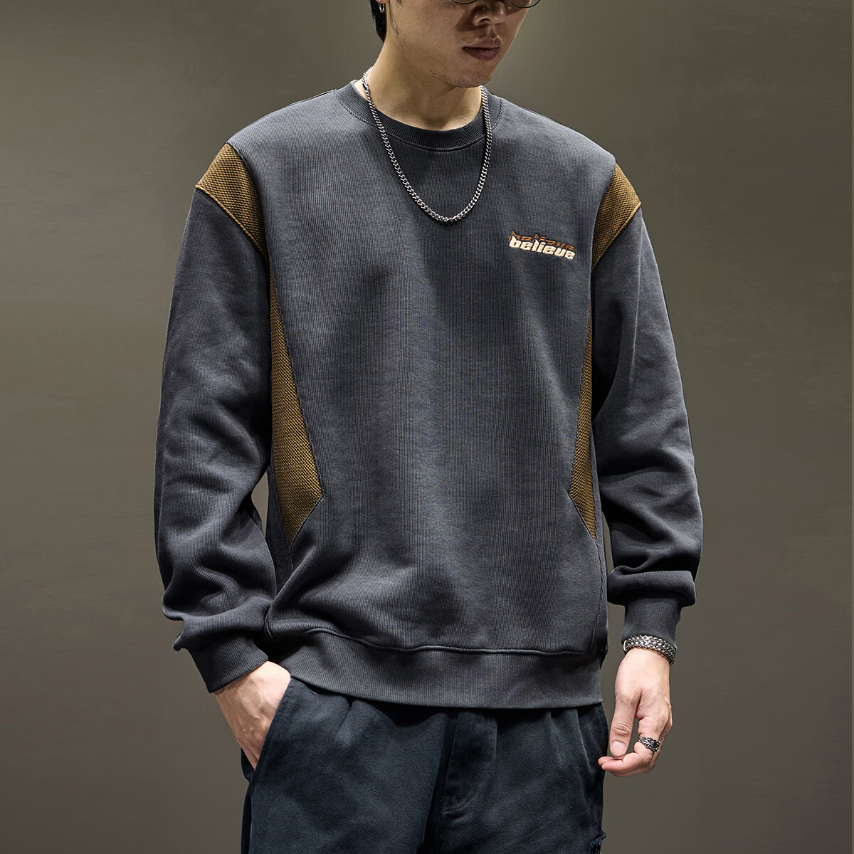 新百伦重磅卫衣男士秋冬款宽松大码长袖t恤高端加绒加厚上衣外套男 深灰 加绒 2XL 码【建议160-180斤】