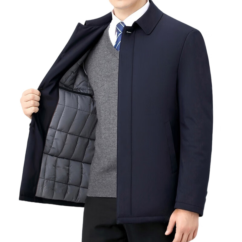 中年棉衣男士夹棉外套中老年爸爸装秋冬季加厚行政夹克薄棉服棉袄 【纽扣款】藏青色/加棉 2XL 【建议体重130斤-150斤】