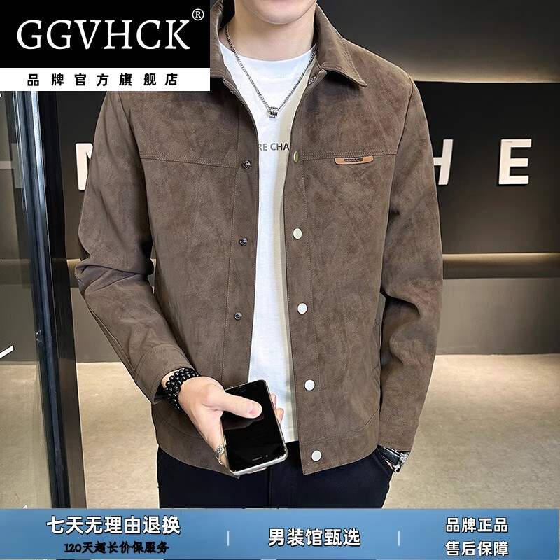 GG VH CK品牌轻奢夹克男士2026春季新款高级感仿鹿皮商务休闲男外套高档 黑色加绒款 4XL