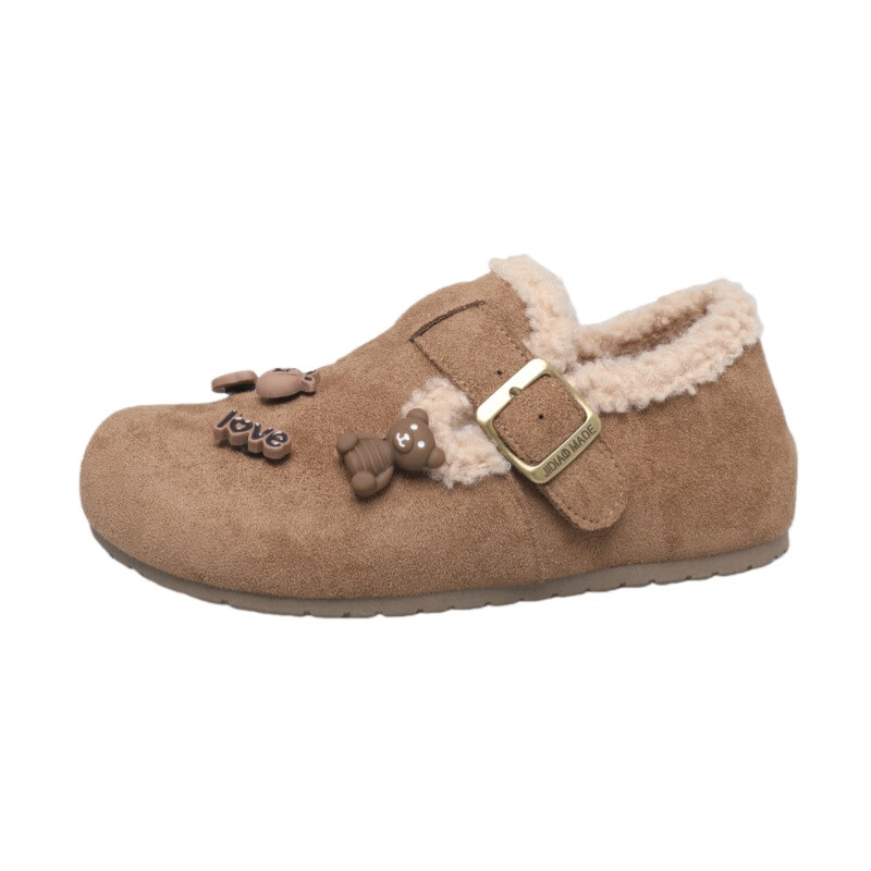 映棠可爱卡通内增高厚底勃肯鞋女2025年新款一脚蹬加绒加厚保暖棉鞋 卡其色 40