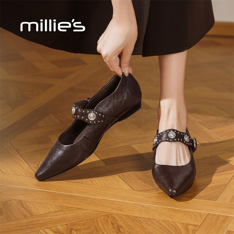 妙丽玛丽珍鞋女低跟真皮浅口时尚潮流气质2025冬季新款百搭小皮鞋 棕色 36 (230mm) 标准码