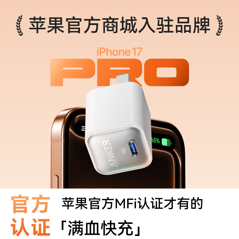 ANKER安克30W安心充【热销100W+】PD快充氮化镓充电器适用iPhone苹果1716华为安卓充电头套装插脚可折叠 极光白-30W氮化镓-低温快6倍