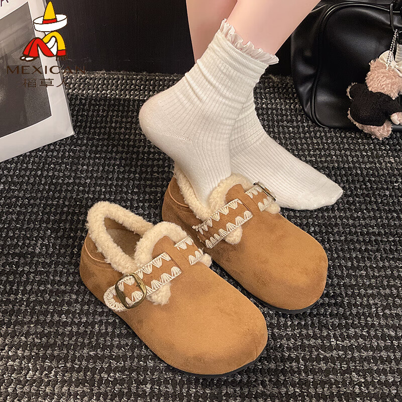 稻草人（MEXICAN）大码女鞋41到43勃肯鞋加绒厚底复古毛毛鞋2026新款冬保暖低帮棉鞋 驼色 35