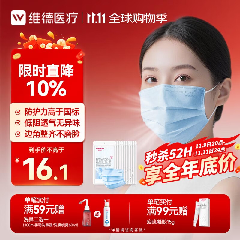 维德（WELLDAY）一次性医用外科口罩透气防沙尘保暖防鼻炎过敏灭菌级蓝色100只
