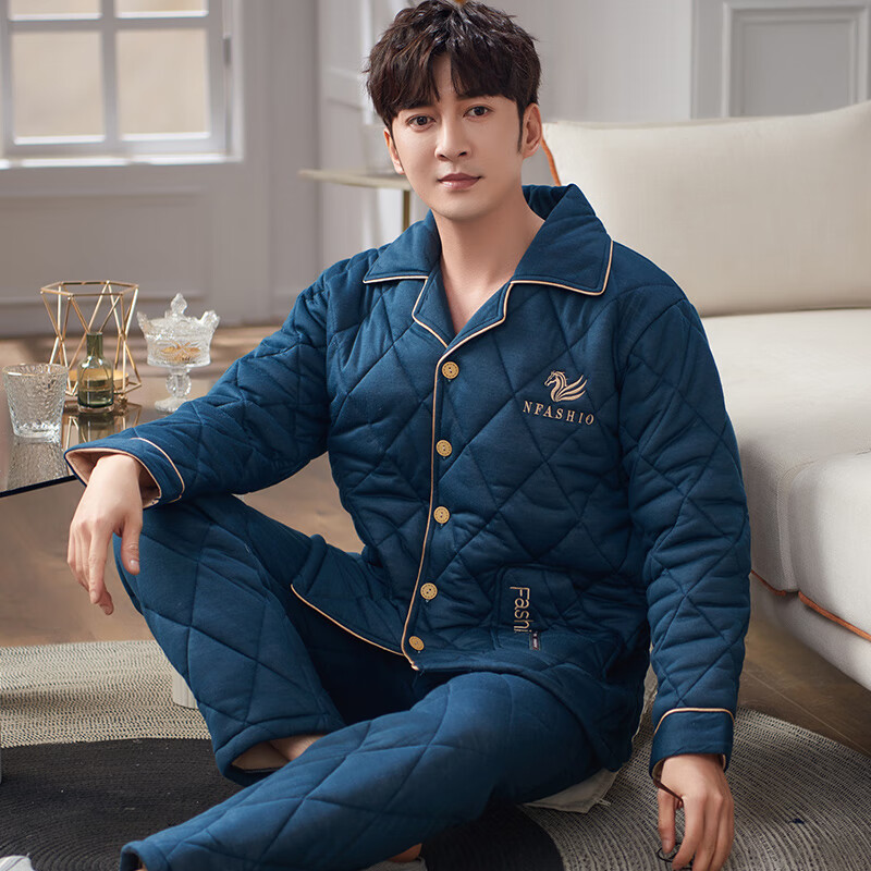 chunnian男士睡衣秋冬季珊瑚绒三层加厚夹棉中长款超厚爸爸保暖加绒家居服 8096 XL