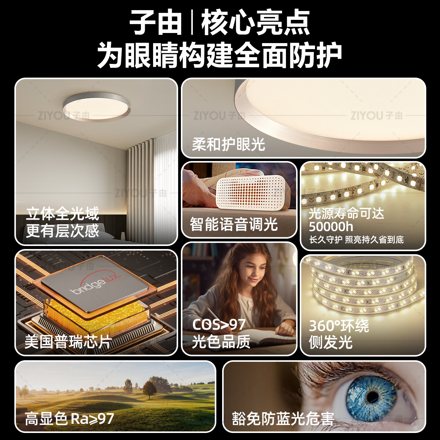 子由卧室吸顶灯 2025新款意式极简高级感圆形护眼书房主卧吸顶灯房灯 L50CM 拉丝灰(美国普瑞光源-无极调光)