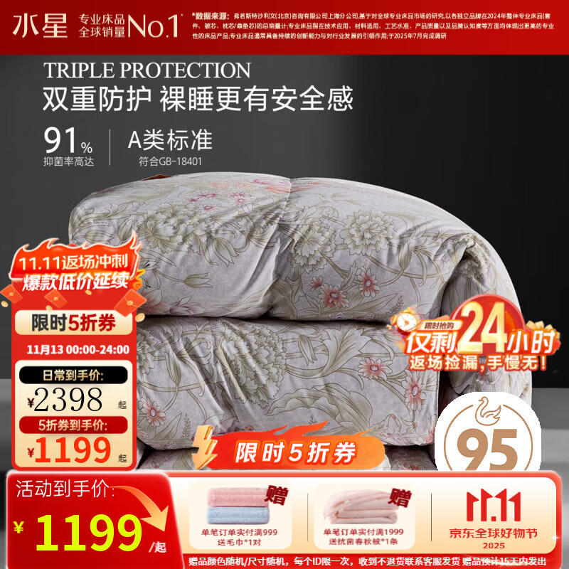 水星家纺被子羽绒被 95%白鹅绒填充 白绒吹雪被 秋冬保暖鹅绒被芯冬天厚被 冬被 【松花江鹅绒】升级抗菌 220x240cm(适配1.8米床套件)
