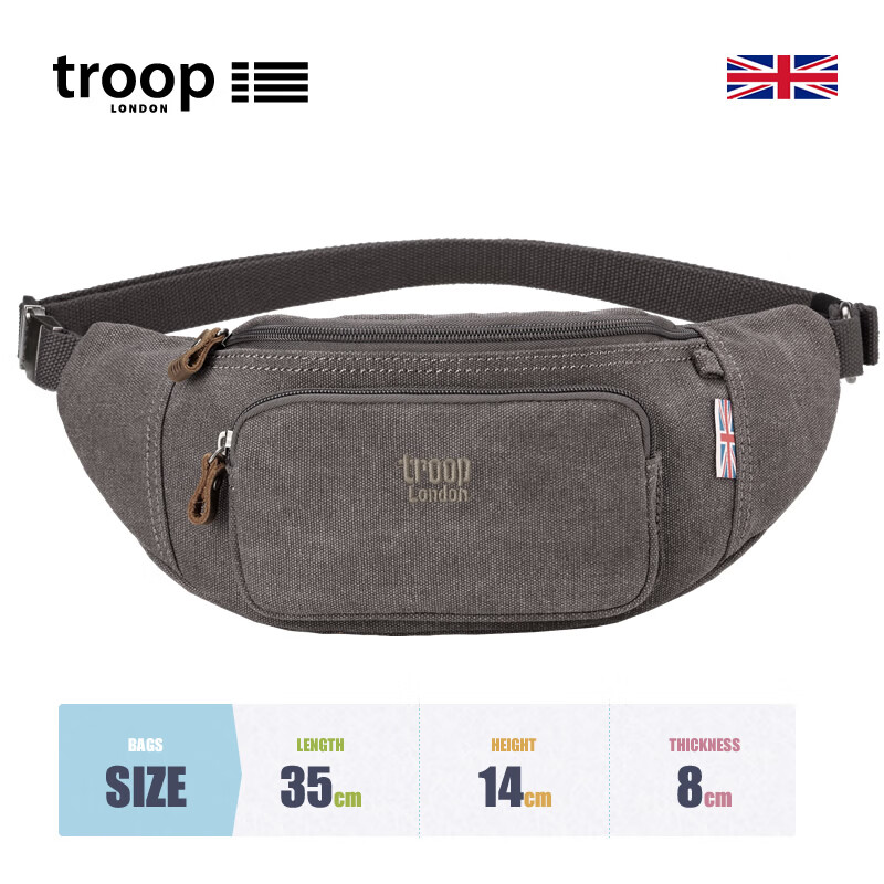 Troop男士腰包帆布耐磨多功能大容量休閑男女式胸包單肩斜挎包包 中號帆布版黑灰色TRP0244
