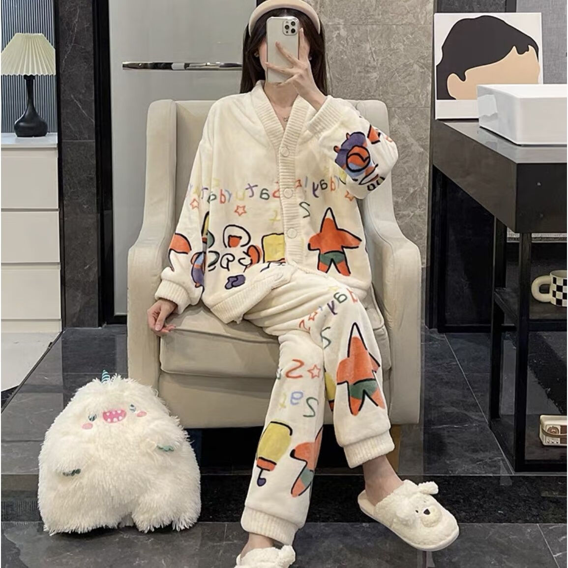 宝娜斯（BONAS）可爱花边睡衣宽松甜美法兰绒印花蝴蝶结加厚居家服可外穿套装 小星星套装 均码 （适合80-140）