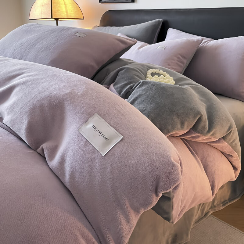 诸禄南通叠石桥牛奶绒四件套冬季保暖舒适纯色毛绒床单被套双人床品 香芋柴深灰 床笠款 1.8m被套加大四件套