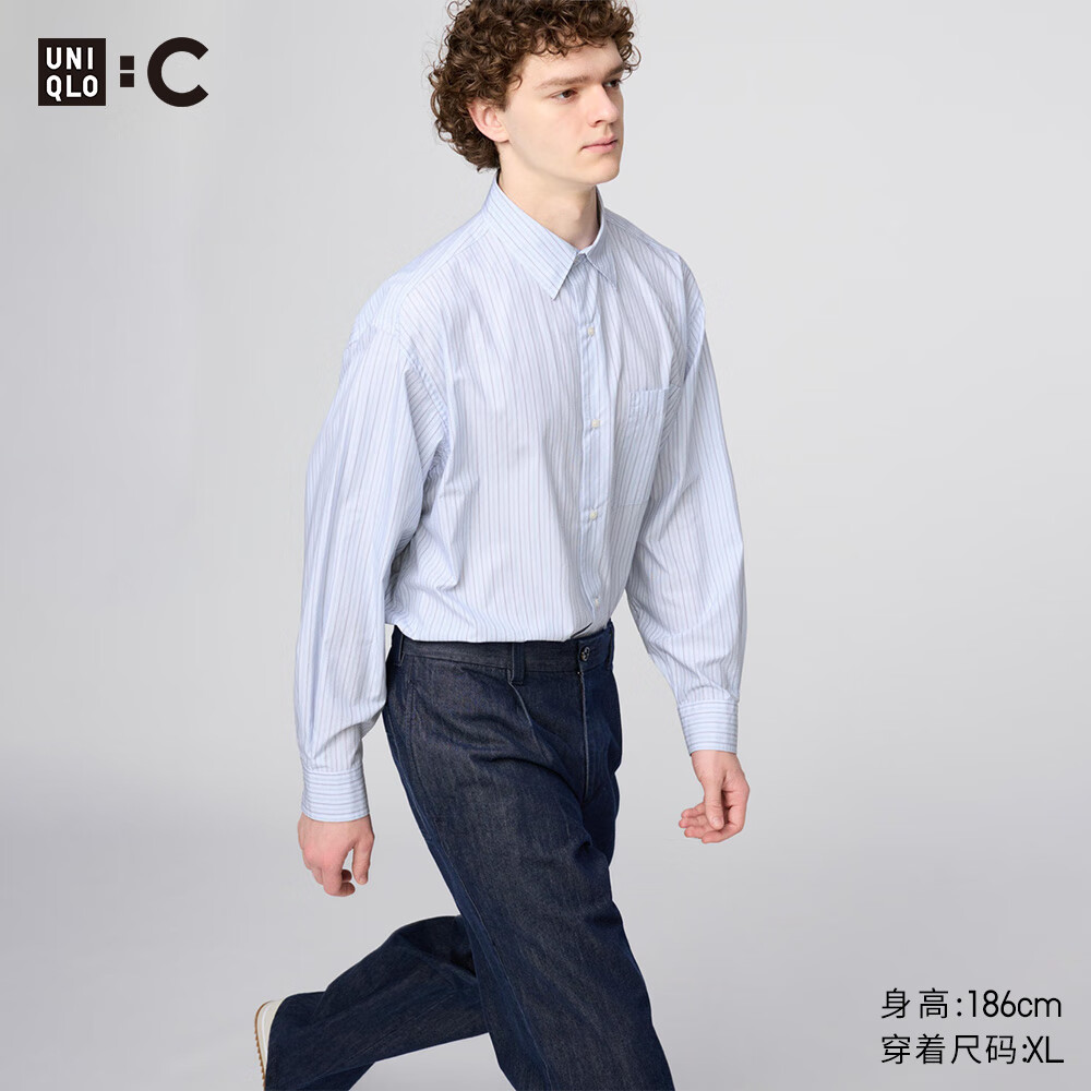 优衣库合作款/男女装宽松条纹衬衫/长袖衬衣休闲25秋冬新款481391 63 天蓝色 L /175/100A
