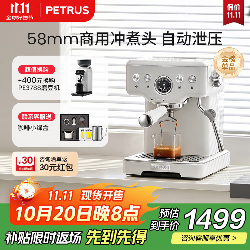 柏翠(petrus)【政府补贴】咖啡机意式浓缩家用小型半自动蒸汽打奶泡PE3833 海盐小方