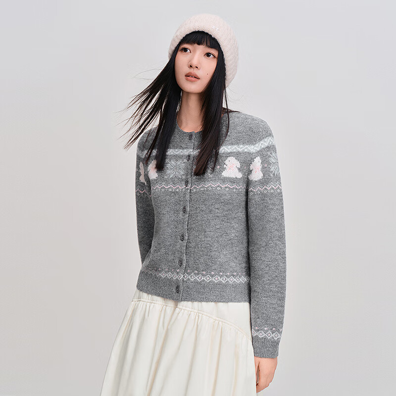 乐町【费尔岛】兔子提花针织开衫女秋冬新款纹样系列正肩内搭上衣 锡灰色（现货） S