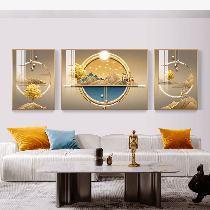 莺语现代简约客厅装饰画沙发背景墙挂画新款大气壁画三联画轻奢晶瓷画 F-养光明媚 加大套【左右70X90+中120X90】镶钻画 免费上门按装(默发轻奢金框)铝合金