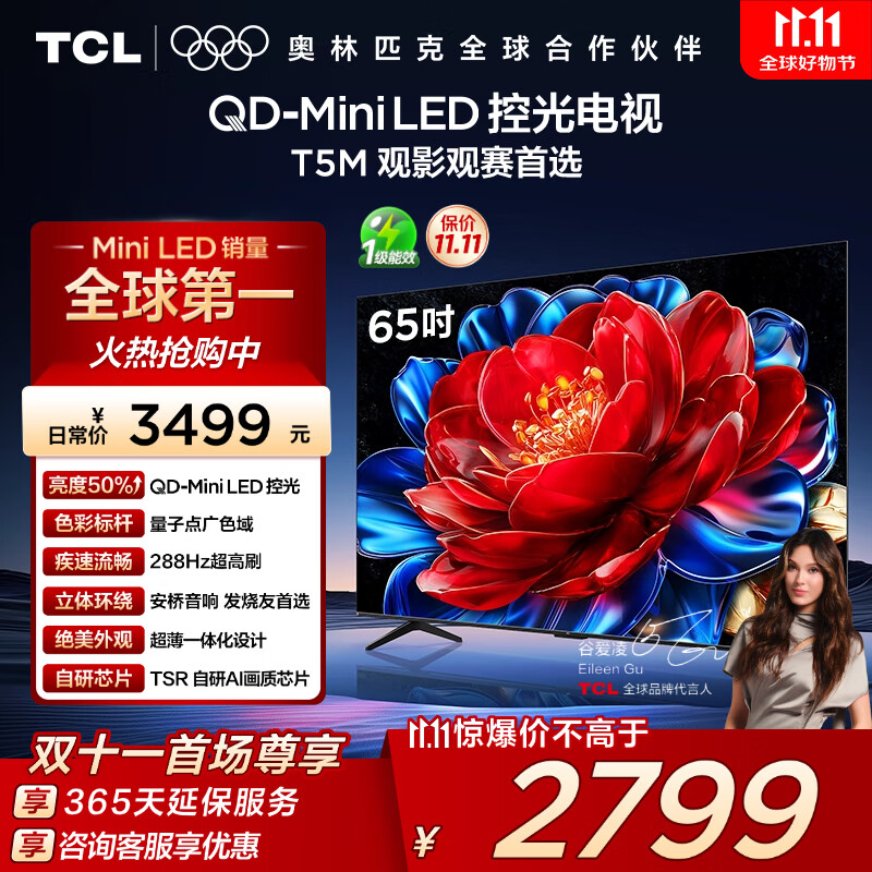 TCL电视 65T5M 65英寸 QD-Mini LED控光 288Hz高刷 QLED量子点 WiFi6 超薄 国家补贴