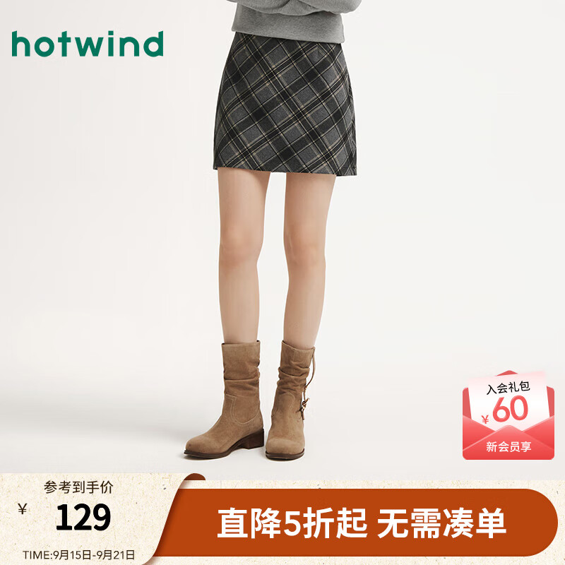 热风女士格子半身裙2025年冬季新款复古文艺打底裙显瘦高腰直筒裙 19黑白 S