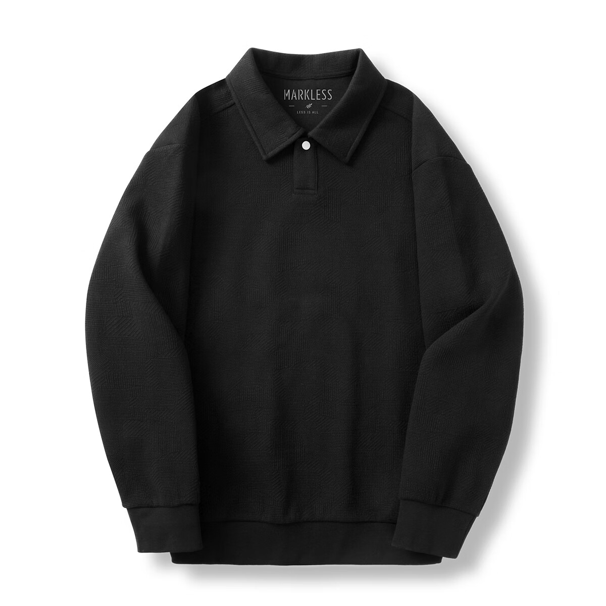 MARKLESS提花面料Polo领卫衣男士一粒扣套头休闲宽松翻领上衣5404 黑色 L
