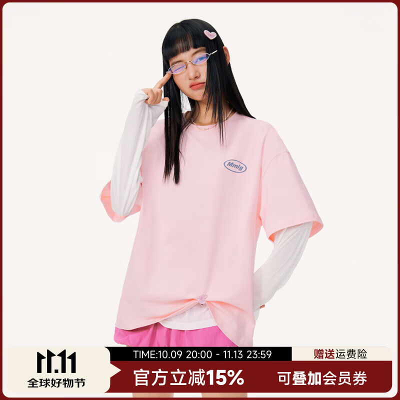 Mmlg 87mm 纯棉短袖T恤女夏季新款宽松百搭潮牌字母印花韩系情侣上衣 浅粉色 S