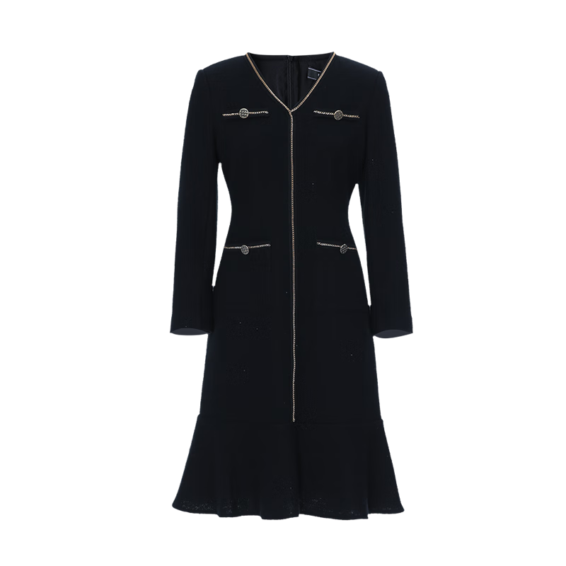 愛(ài)特愛(ài)(EITIE)精致高級感V領(lǐng)小香風(fēng)修身魚(yú)尾裙2025冬季新款毛呢連衣裙8007720 極簡(jiǎn)黑20 S (155)