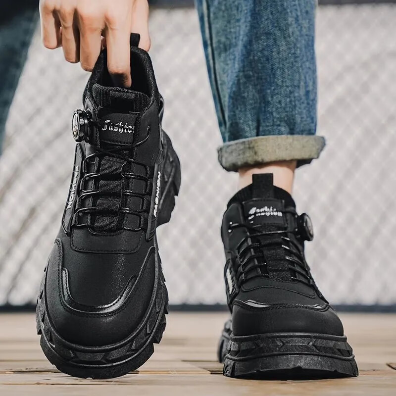 【男神穿搭】2025秋季新款高帮潮鞋厚底增高防滑户外工装马丁靴wl 【加绒加厚】暗夜黑 42