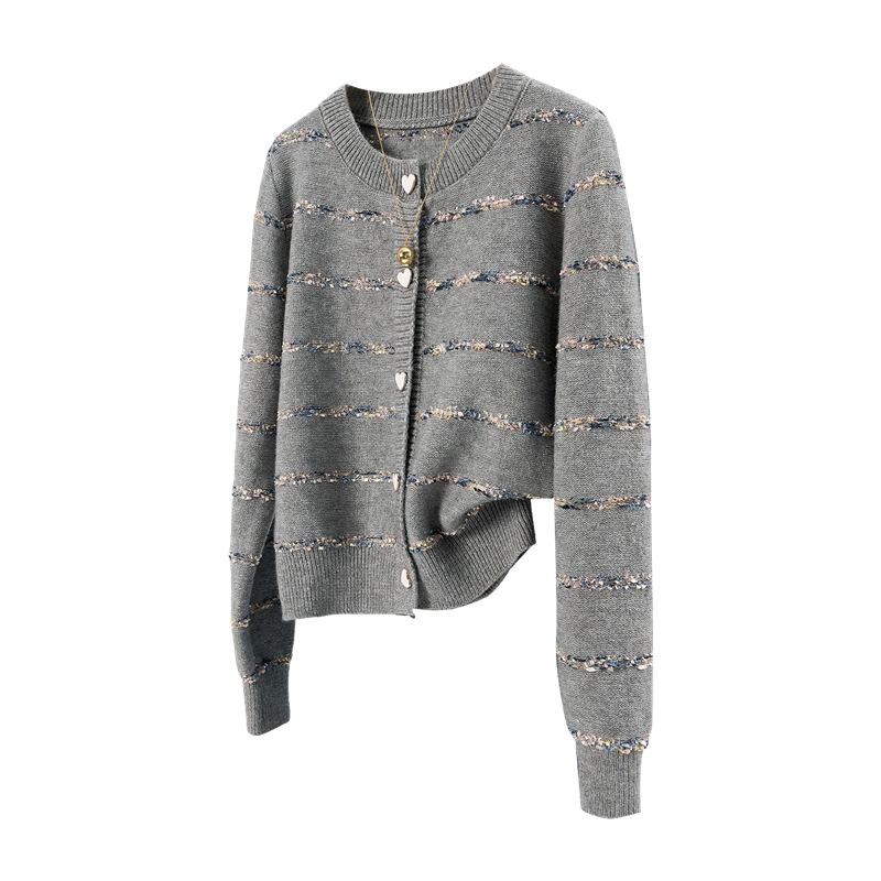 她池软糯小香风针织开衫女2025秋装新款圆领单排扣条纹上衣