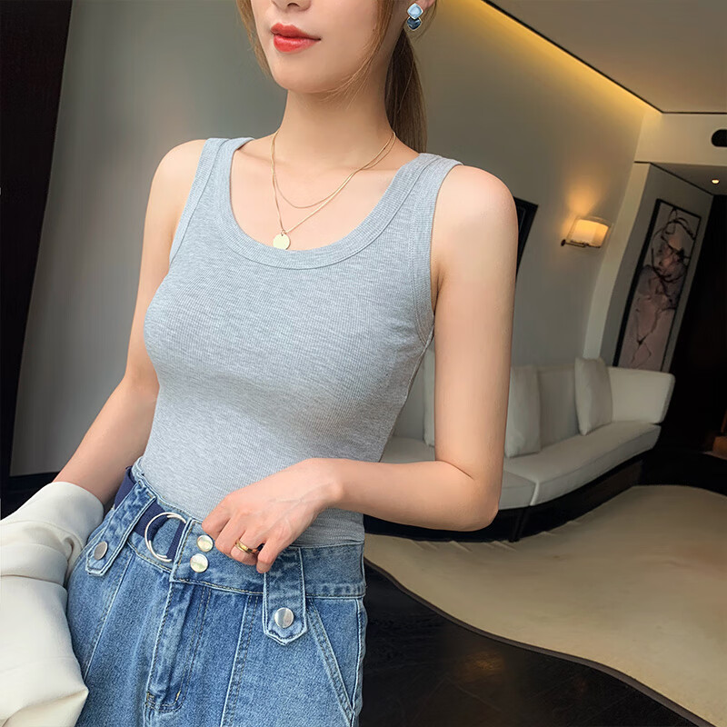 浪莎螺纹背心女士吊带内搭带胸垫罩杯一体免穿文胸防走光西装打底衫 灰色 L 【推荐110-140斤】