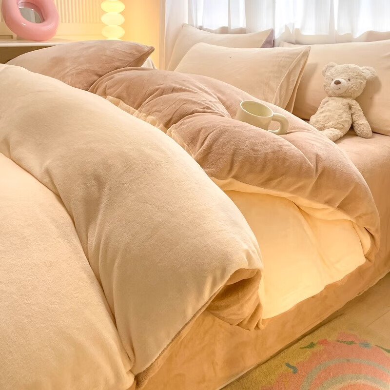 猫人（MiiOW）纯色牛奶绒床上用品四件套秋冬季保暖加厚珊瑚绒床单被套三件套 杏仁栗茶【保暖舒适】 1.5m 床单款 四件套-200x230cm被套