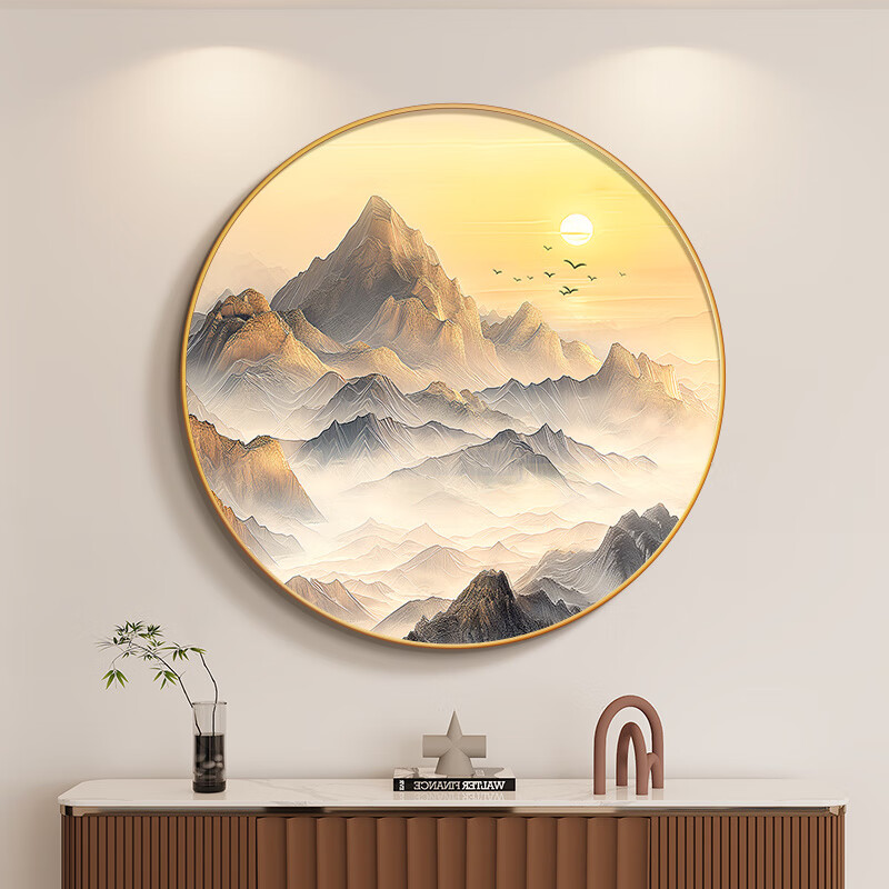 phty旭日东升山水画客厅挂画大气高档圆形背有靠山挂新中式东墙装