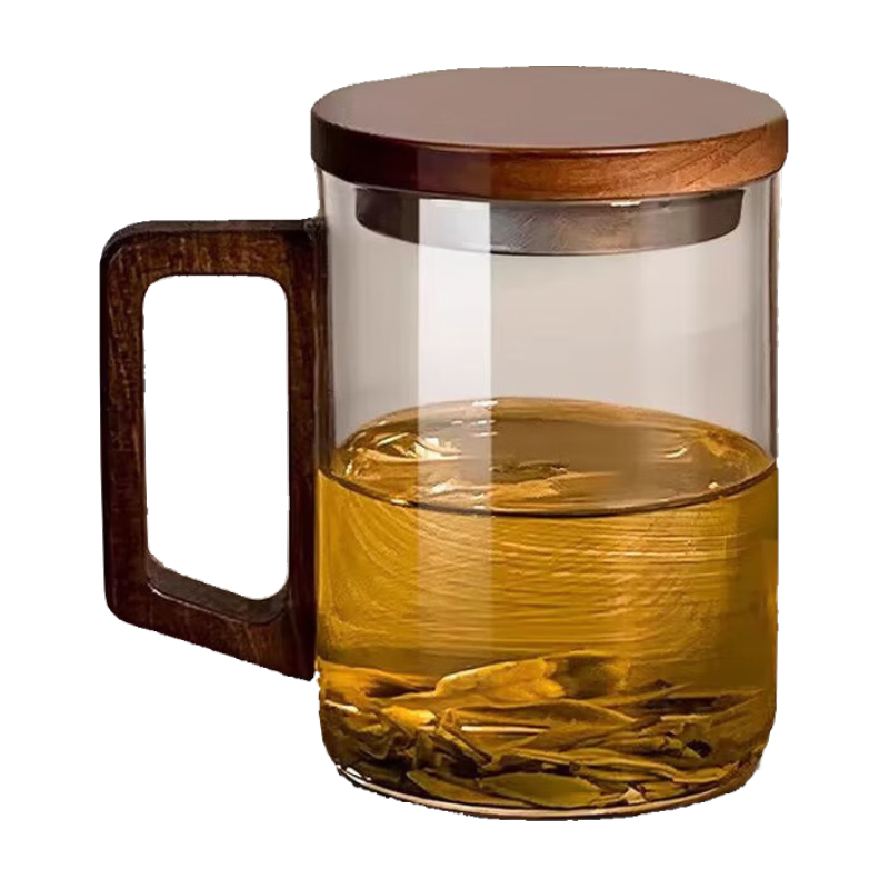 高颜值茶杯茶水分离高档玻璃泡茶杯水杯中式商务杯胡桃把手办公杯 透明木把单杯450毫升+木盖